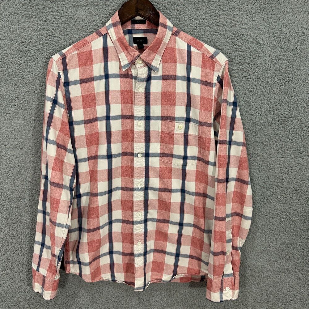 J.Crew mens shirt medium pink blue plaid button up slim fit long sleeve cotton